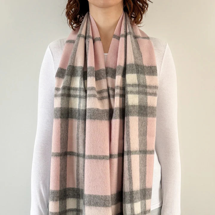 Thompson Pale Pink Scottish Tartan Lambswool Wide Scarf