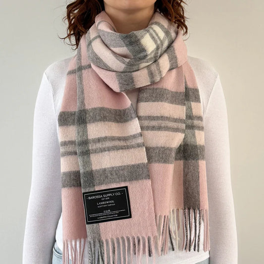 Thompson Pale Pink Scottish Tartan Lambswool Wide Scarf