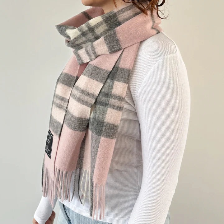 Thompson Pale Pink Scottish Tartan Lambswool Wide Scarf