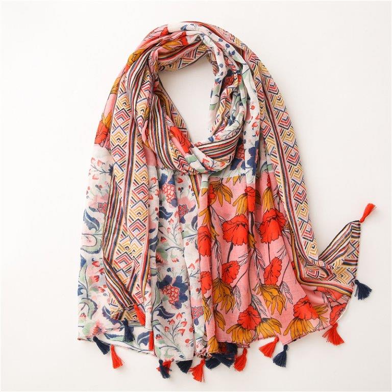 Poppies & Pattern Tassel Scarf