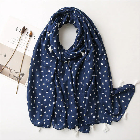 Navy Daisy Flower Tassel Scarf