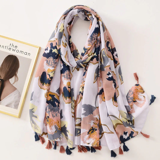 Pink & Navy Floral Tassel Scarf