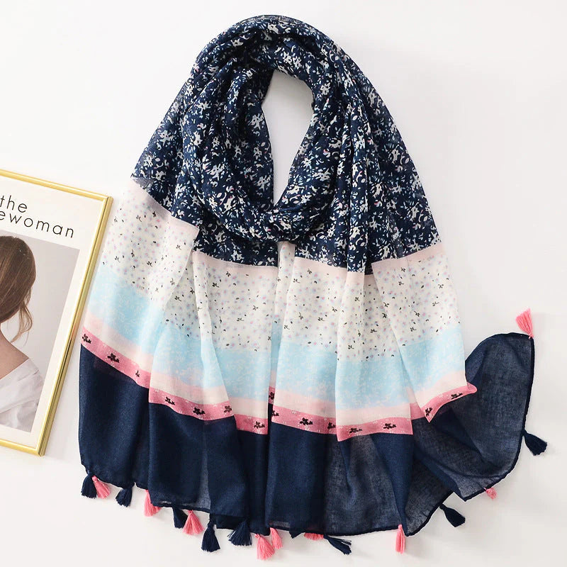 Navy & Pink Print Tassel Scarf