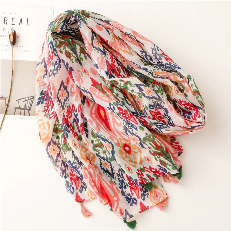 Pink Multi Colour Floral Tassel Scarf