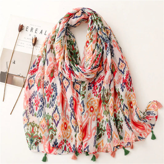 Pink Multi Colour Floral Tassel Scarf