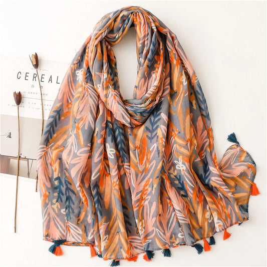 Peach & Blue Pattern Tassel Scarf