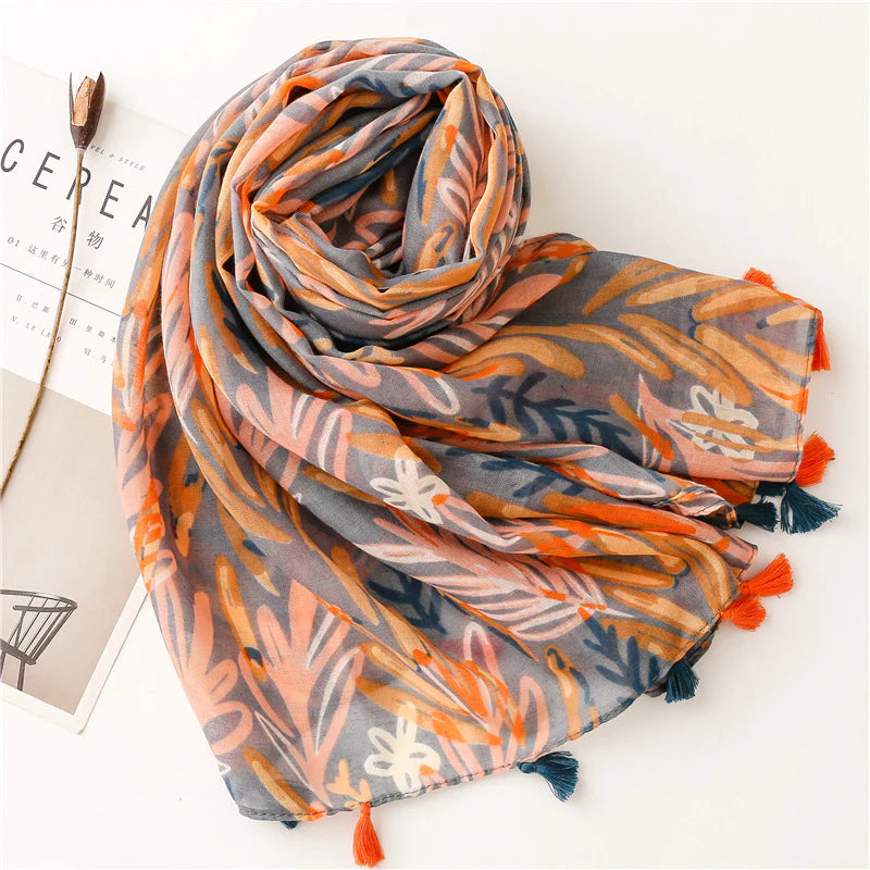 Peach & Blue Pattern Tassel Scarf