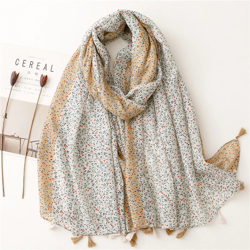 White & Tan Floral Tassel Scarf