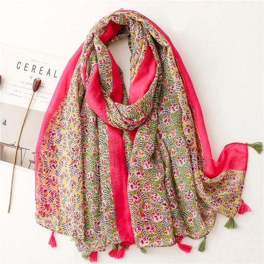 Floral & Pink Stripe Tassel Scarf