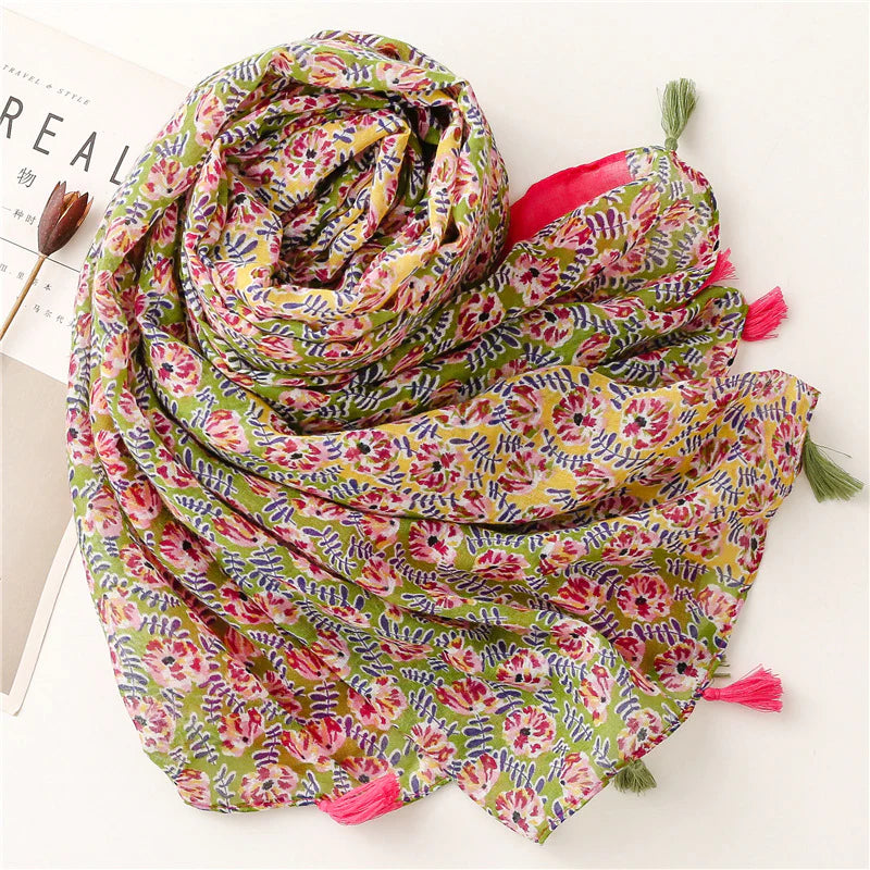 Floral & Pink Stripe Tassel Scarf