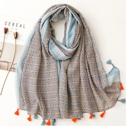 Blue Multi Colour Tassel Scarf