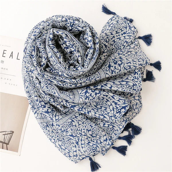 Navy Pattern Tassel Scarf