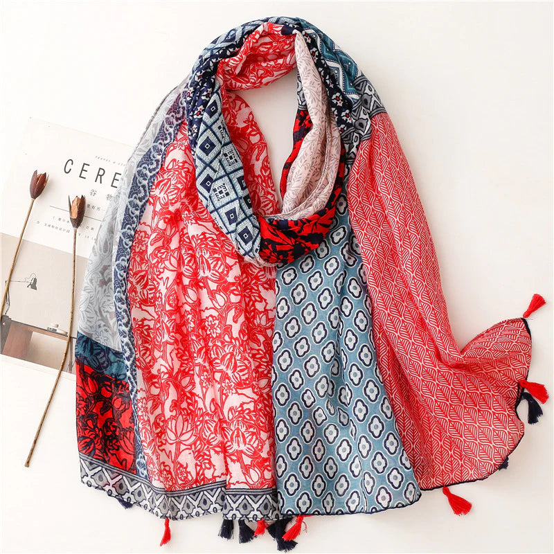 Bright Red & Blue Tassel Scarf