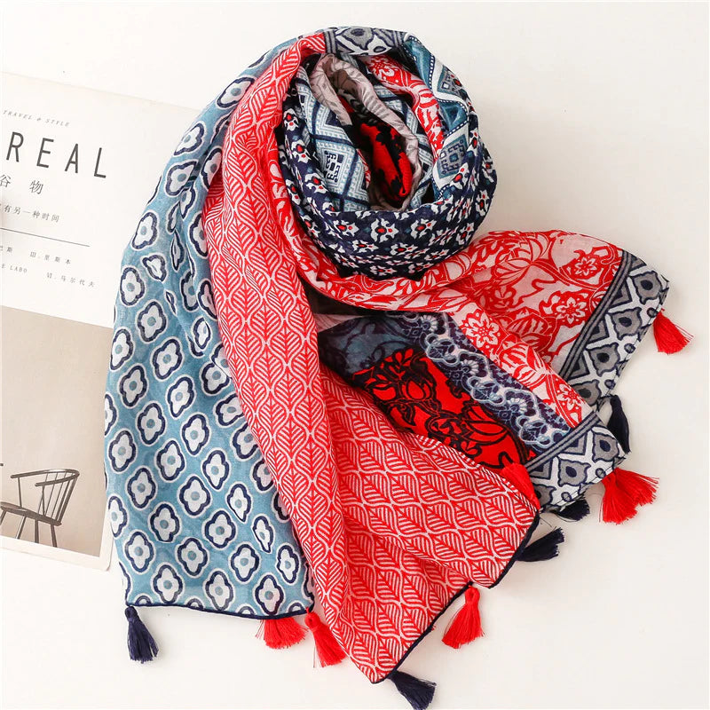 Bright Red & Blue Tassel Scarf