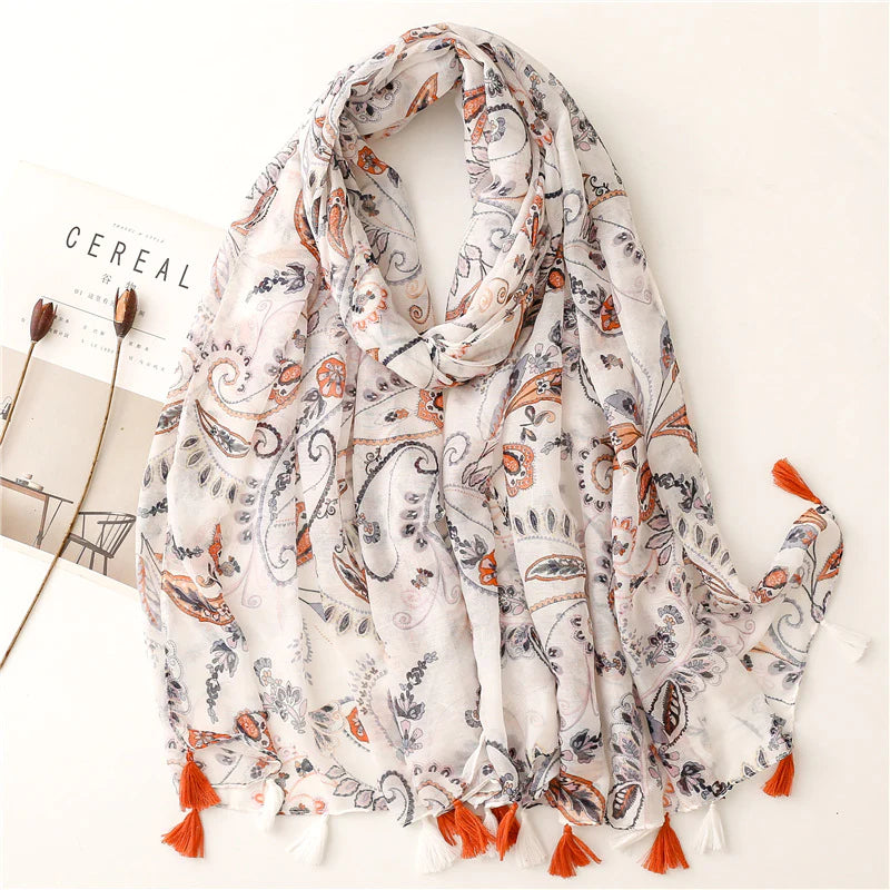 White & Rust Paisley Tassel Scarf