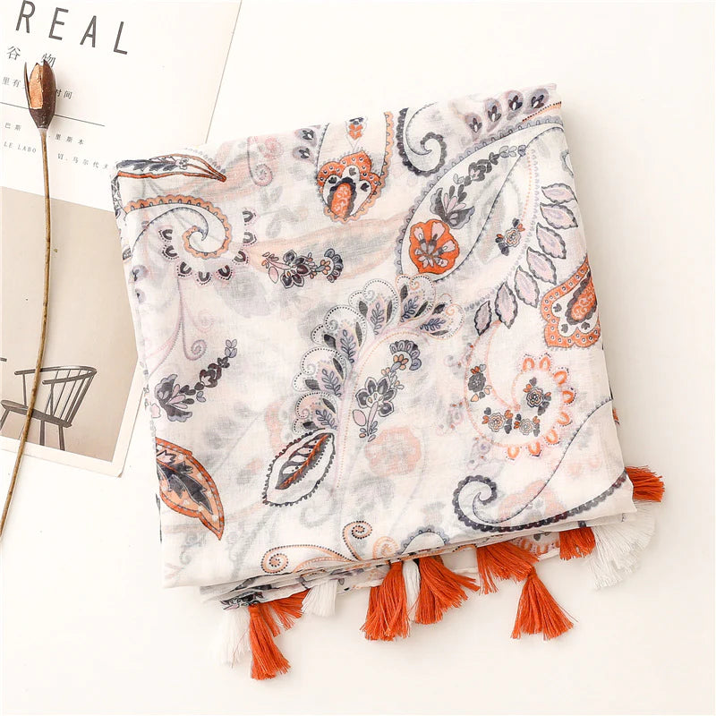 White & Rust Paisley Tassel Scarf