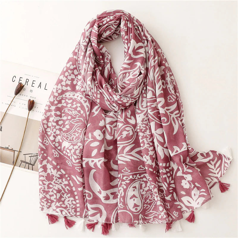 Pink & White Pattern Tassel Scarf