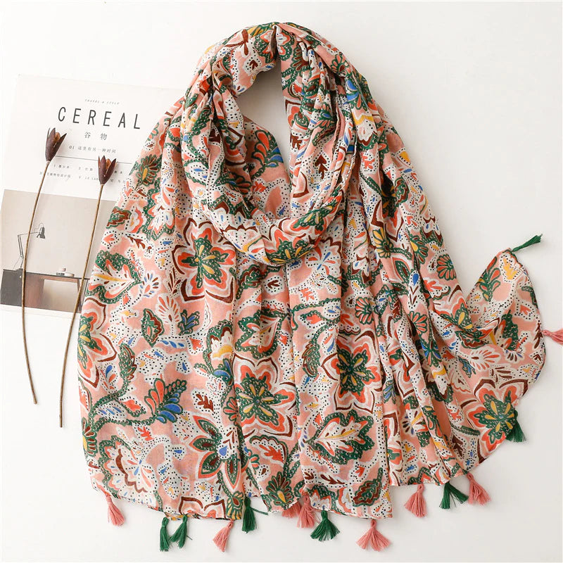 Vintage Floral Tassel Scarf