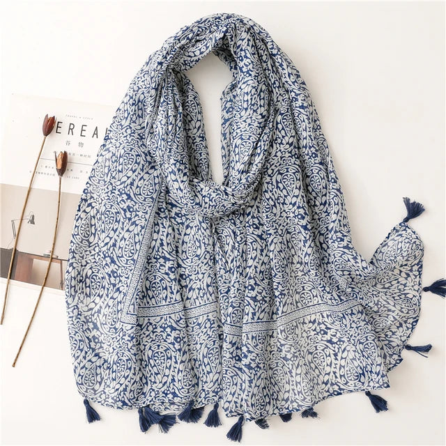 Navy Pattern Tassel Scarf