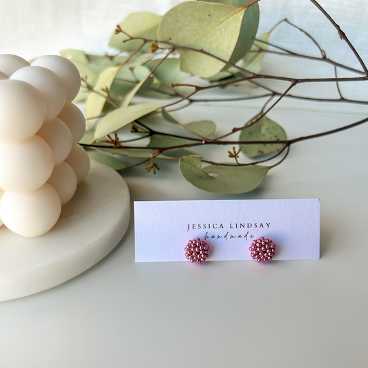 Beaded Stud Earrings Hot Pink