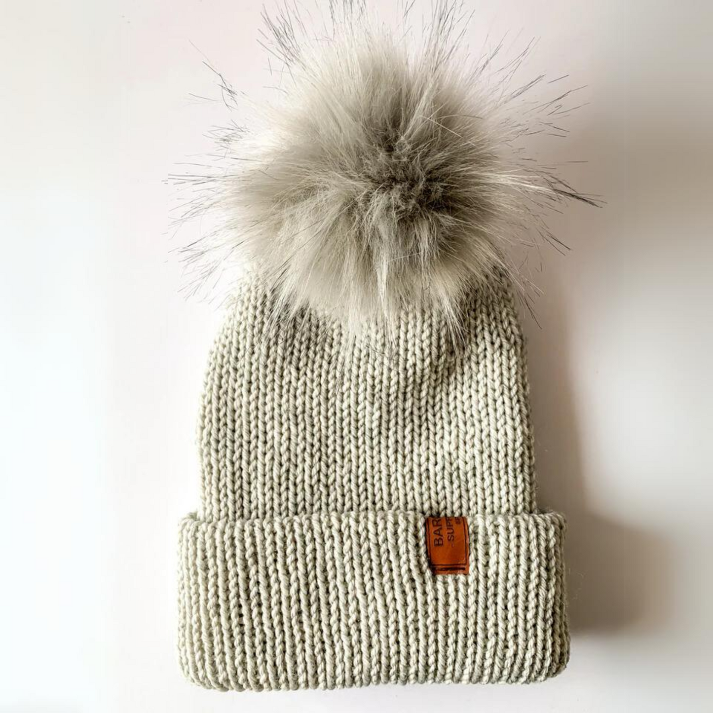 Wool Blend Double Knit Beanie Light Grey with Grey Pom Pom