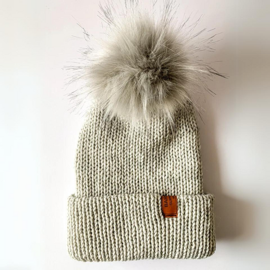 Wool Blend Double Knit Beanie Light Grey with Grey Pom Pom