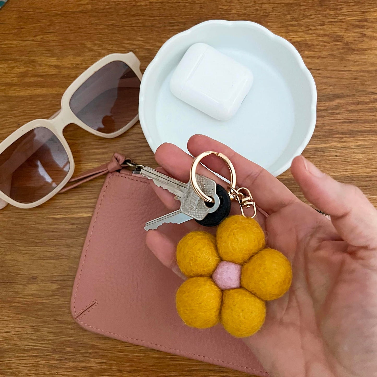 Felt Flower Keychain Charm Yellow