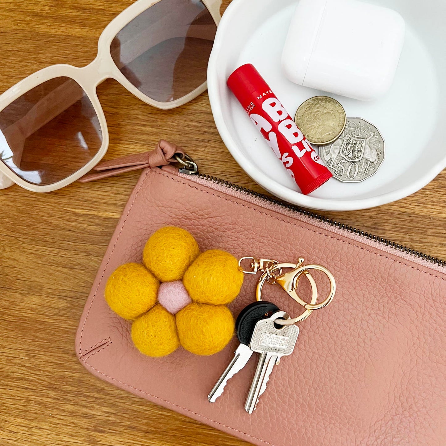 Felt Flower Keychain Charm Yellow