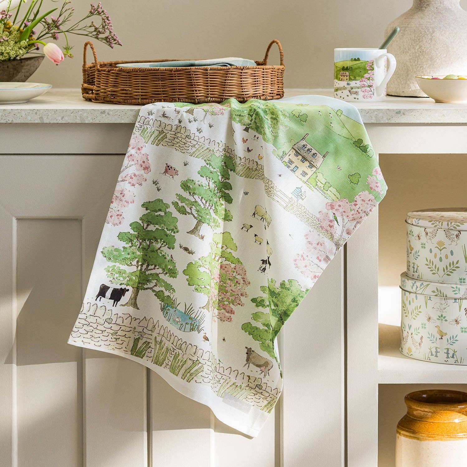 Spring Cottage Scene Tea Towel