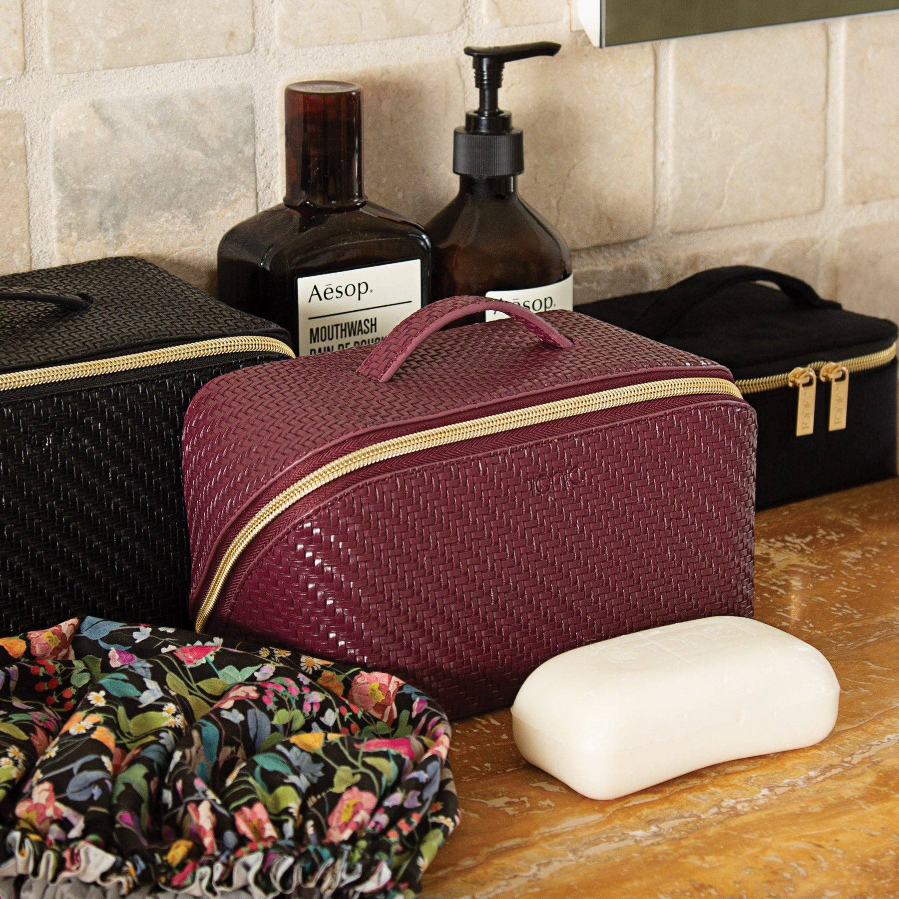 Herringbone Beauty Bag Medium Plum