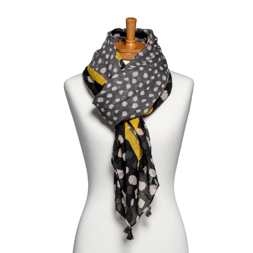 Black Two Toned Spotted Tassel Scarf