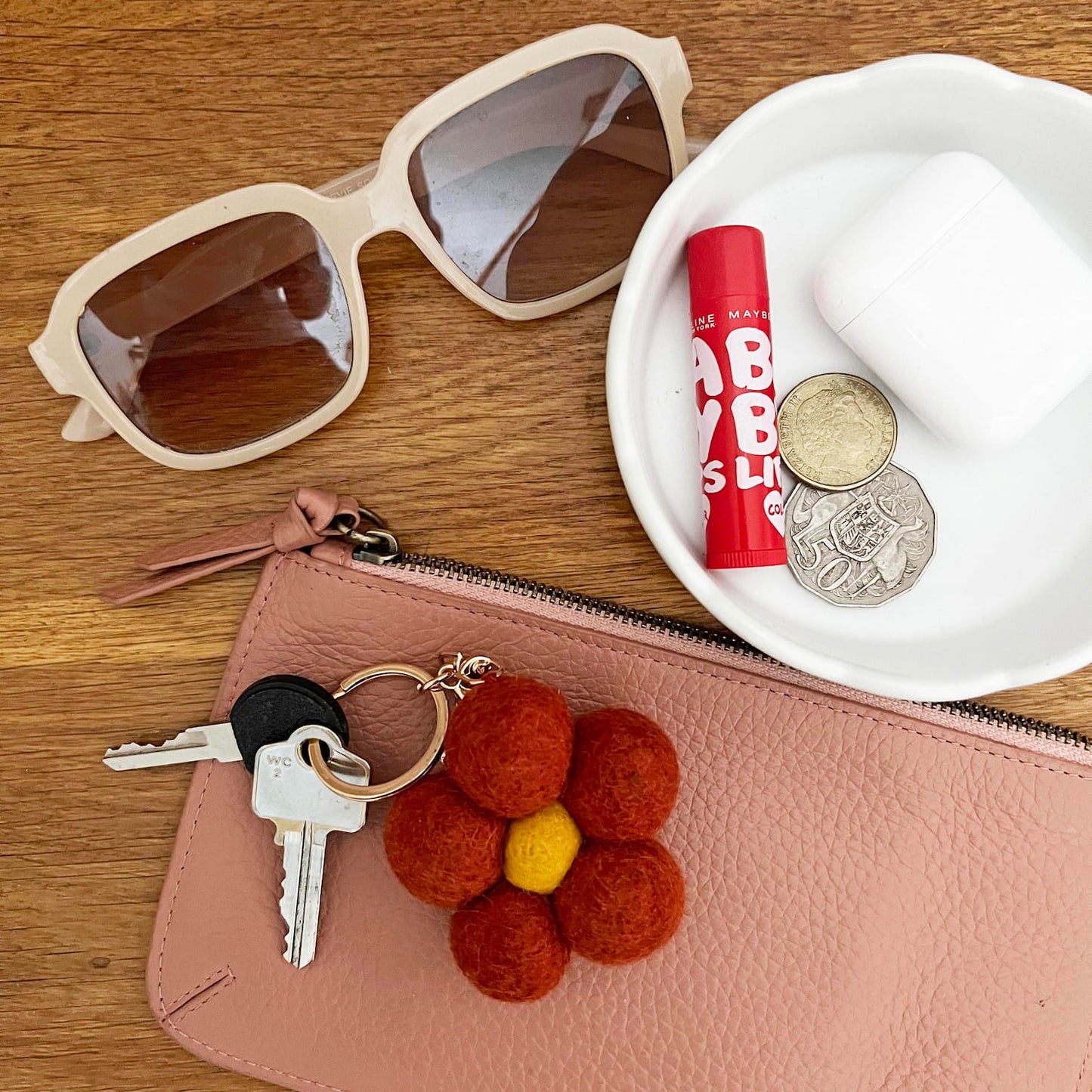 Felt Flower Keychain Charm Red